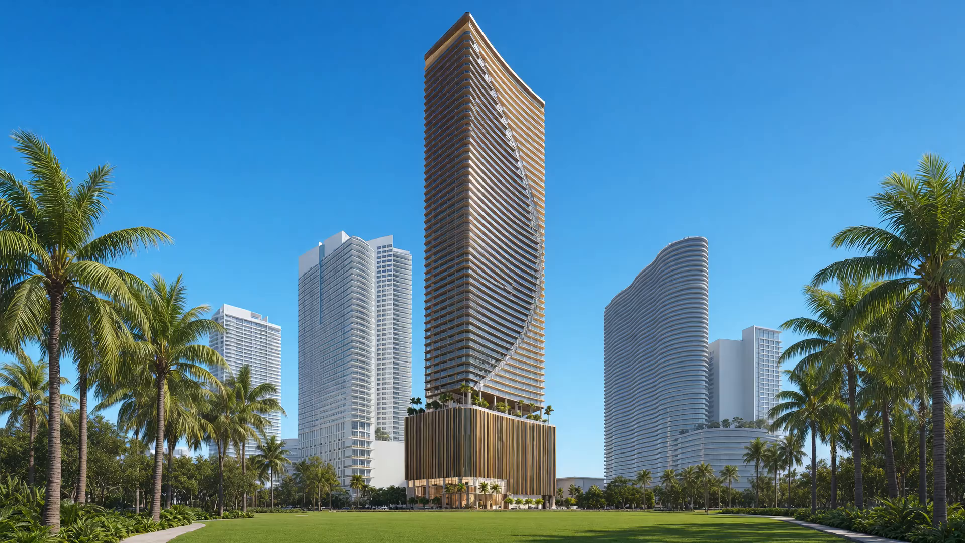 Render derived from developer materials of a waterfront tower with a vertical-fin podium at blue hour on Biscayne Bay — no people, no marks.