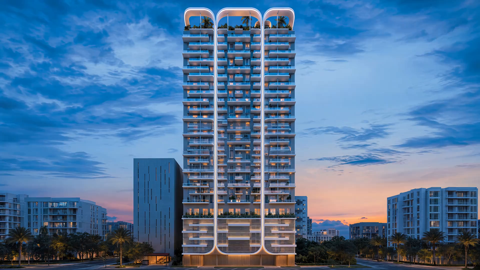 Render derived from developer materials of a white Brickell tower with three illuminated vertical arches at blue hour — no people, no marks.