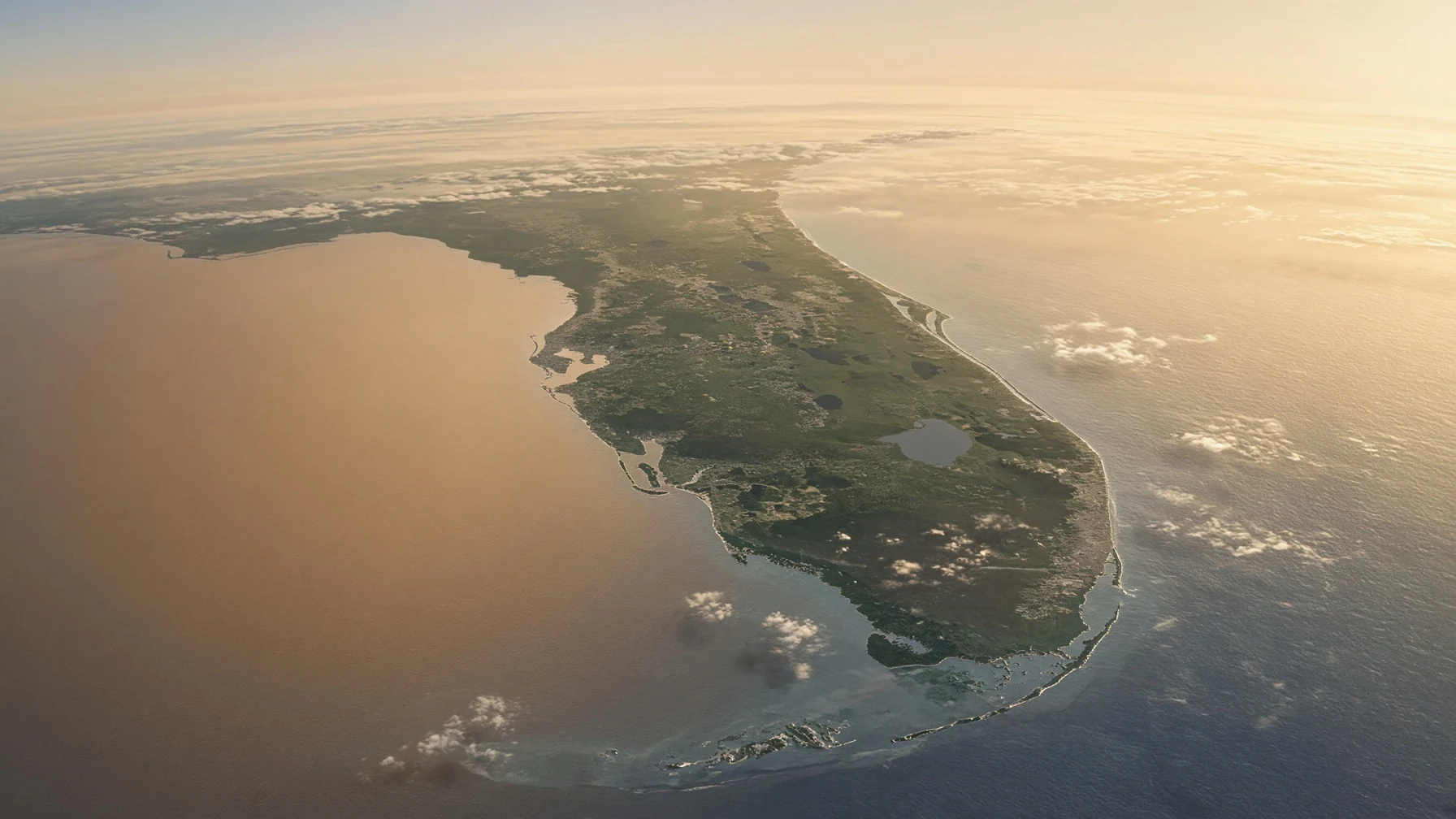 Editorial aerial of two coasts at golden hour — no labels, no people.