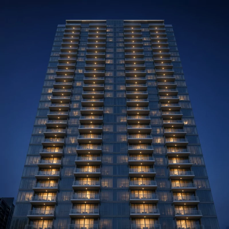 Looking up a glass residential tower at dusk — stacked balconies, warm interior light. No people, no signage.