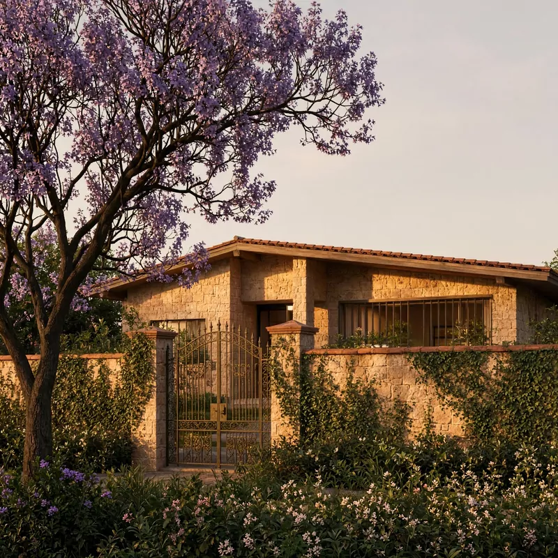 A low stone house behind a planted garden at golden hour — one residence, not a tower. No people, no signage.