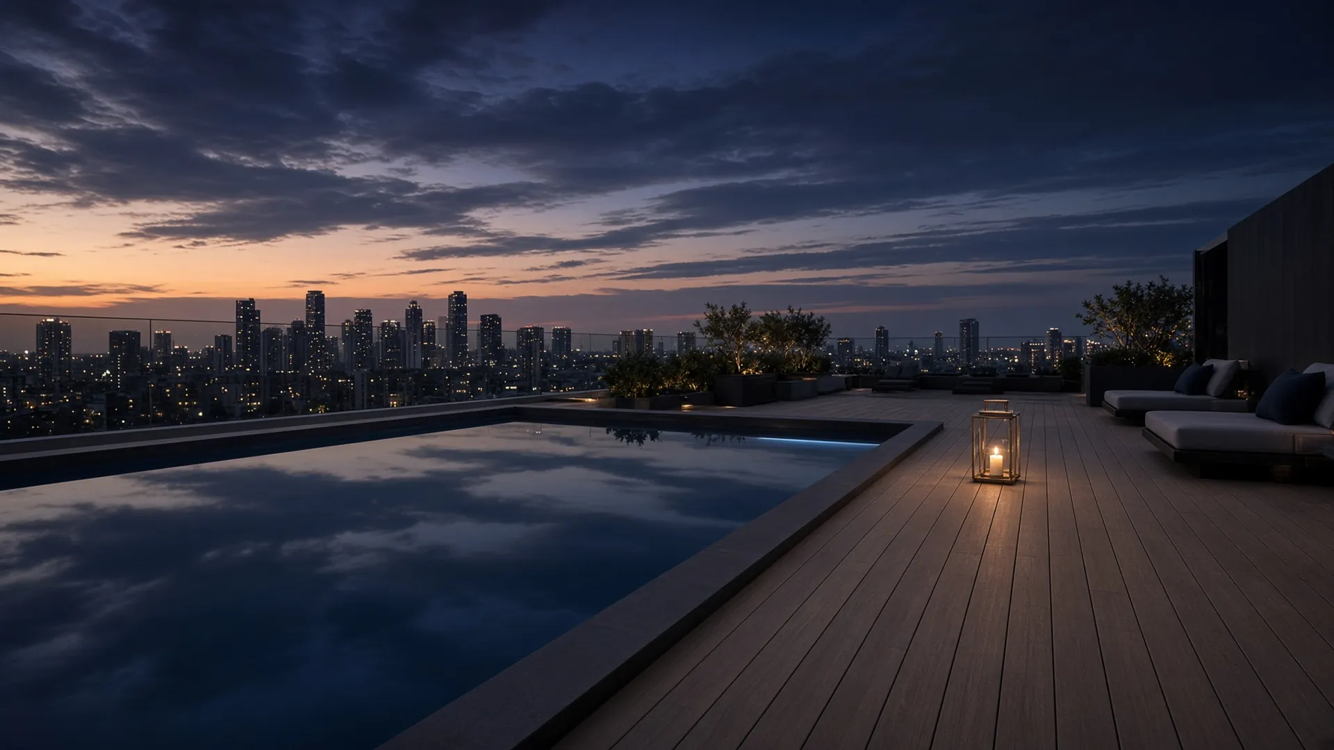 A finished residence with a still pool at dusk, no people.